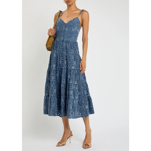 Alice + Olivia Shanti Embroidered Chambray Midi Dress NWT US 4 - Picture 1 of 7